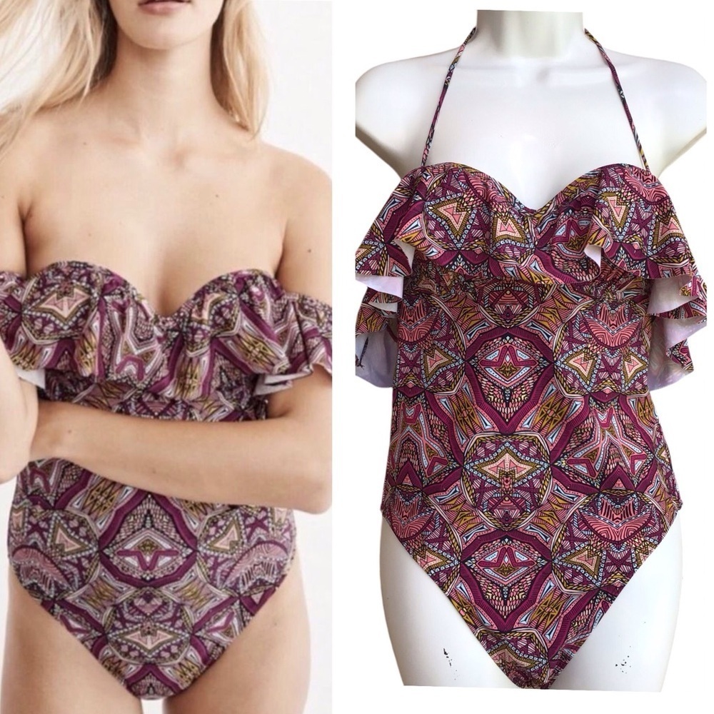 Abercrombie & Fitch Geometric Ruffle Off The Shoulder One Piece Bathing Suit NEW